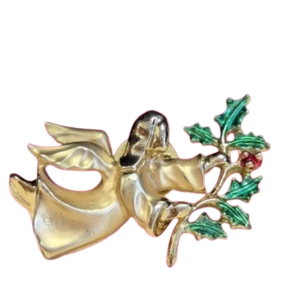 Gigi Giusti Angel brooch pin holly branch red berries, 2